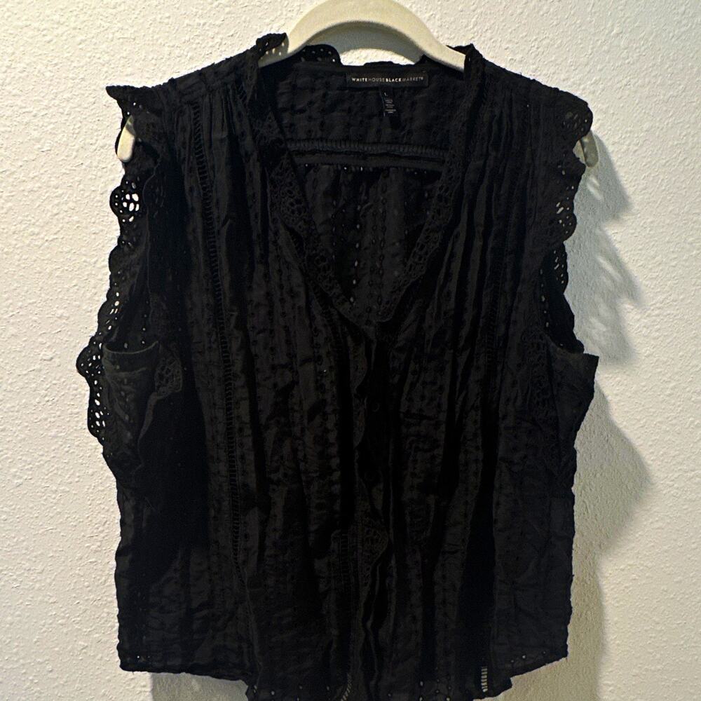 White House Black Market Womens Black Eyelet Cotton Ruffle V-Neck Blouse 0089